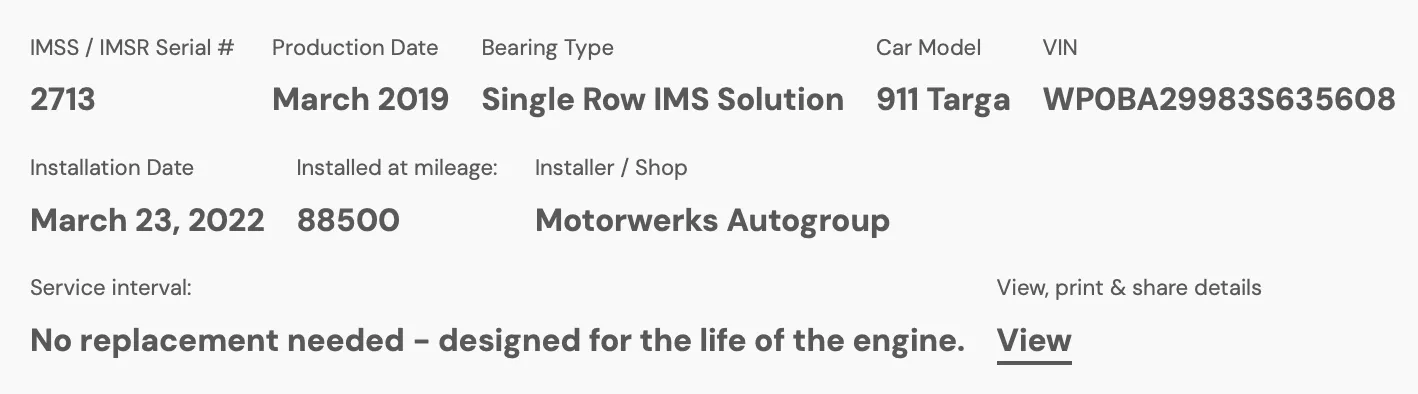The car’s LN Engineering IMS Solution registry entry, showing the March 2022 install at 88,500 miles by Motorwerks