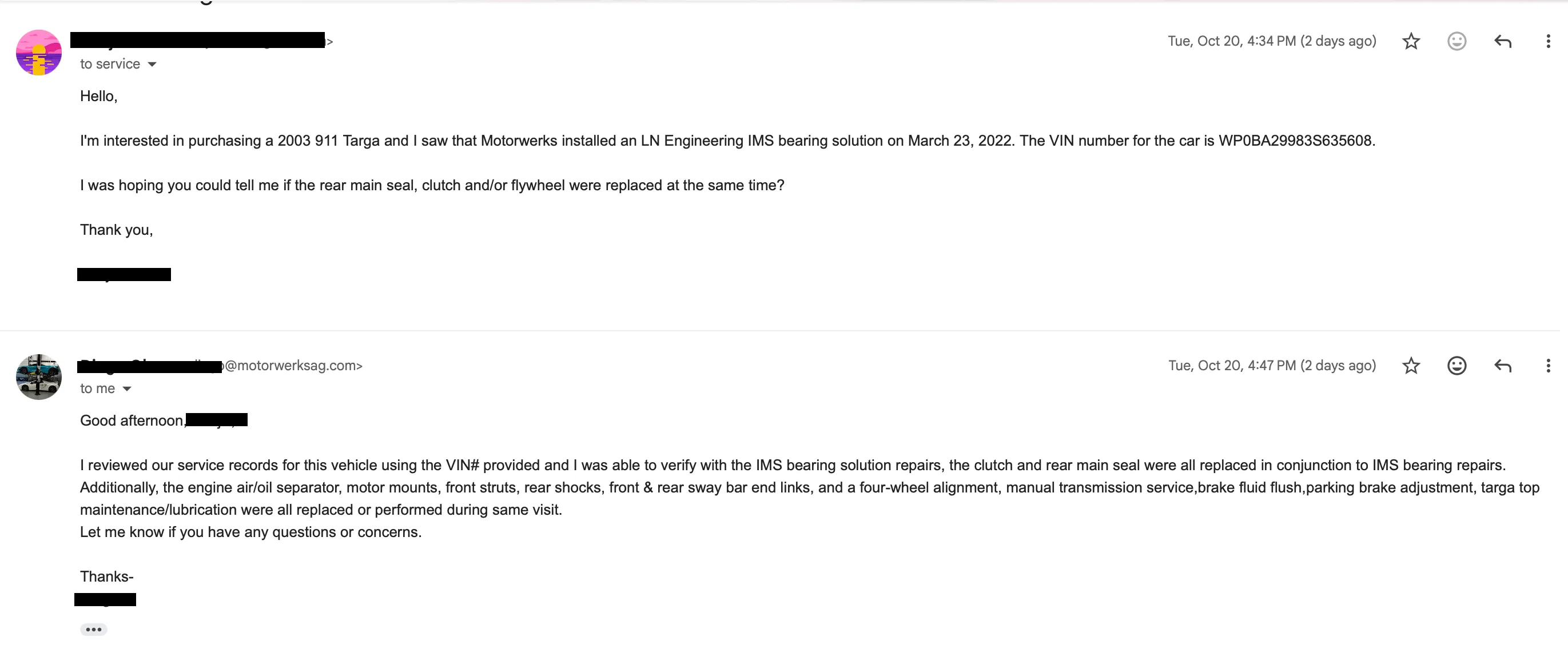 Email from Motorwerks listing the work done during the March 2022 visit