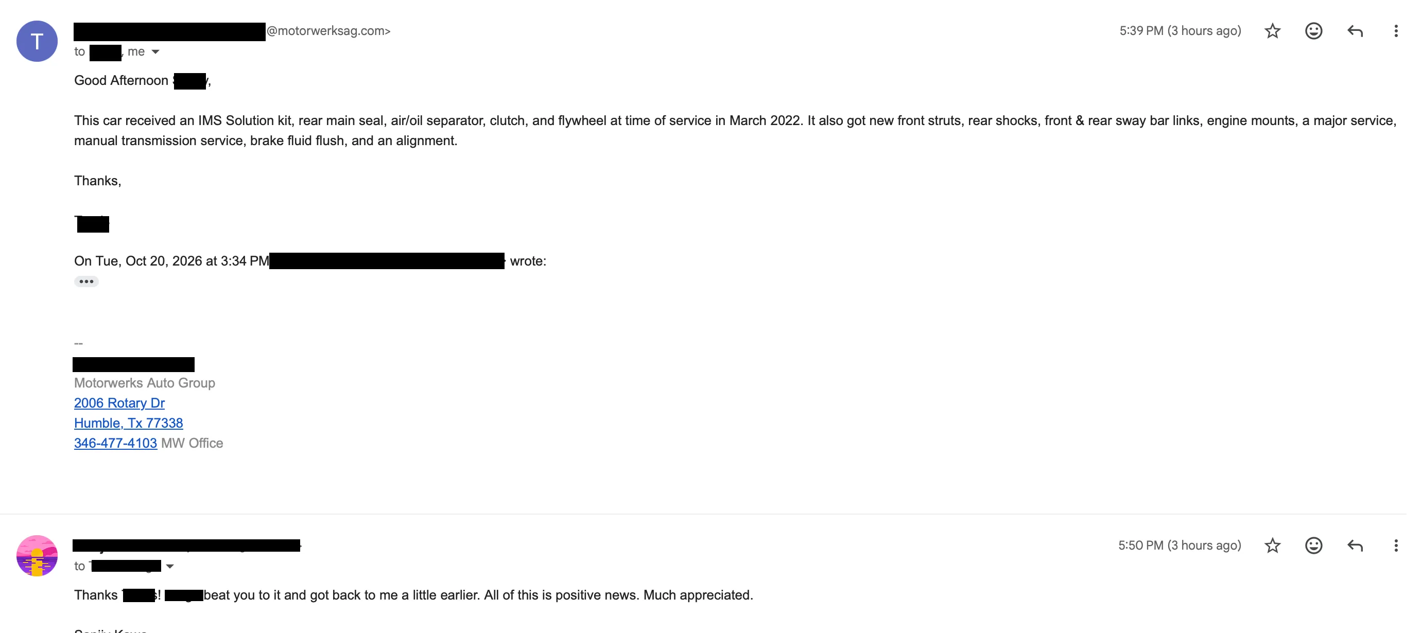 Follow-up email from Motorwerks with additional service details